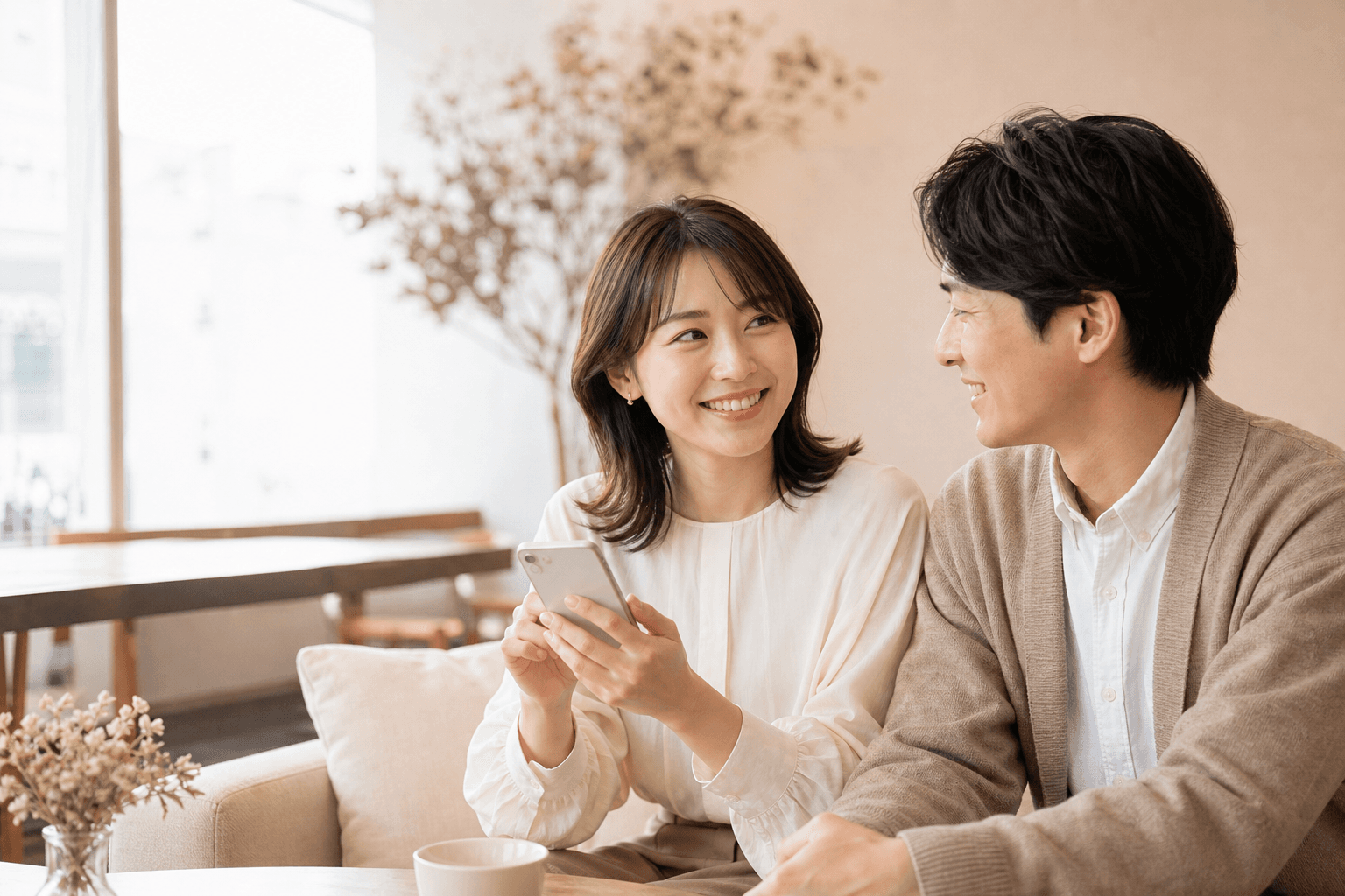 明るい室内でほほえみ合う若い日本人男女とスマートフォン、オンライン婚活をイメージした一枚の写真